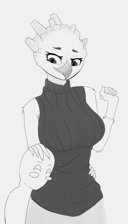 5_fingers anthro beak blush breasts clothed clothing duo eyelashes female fingers headpat looking_at_another non-mammal_breasts simple_background size_difference sleeveless_turtleneck smile white_background wide_hips owlnon anon accipitrid accipitriform avian bird eagle harpy_eagle 2021 digital_media_(artwork) monochrome