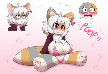 anthro anthro_to_inanimate before_and_after bikini breasts clothing ear_piercing ear_tag female grey_hair hair inanimate_transformation open_mouth pawpads piercing plushie plushie_transformation poof_transformation red_eyes seam_(sewing) simple_background smile solo surprised swimwear tail transformation two-piece_swimsuit flybeeth arcanis_(hahaluckyme) domestic_cat felid feline felis mammal 2024 digital_media_(artwork) hi_res