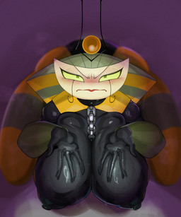 areola big_breasts biped black_breasts blush breasts butt chain female front_view green_eyes green_sclera nipples pupils thick_thighs mdthetest my_life_as_a_teenage_robot nickelodeon vexus absurd_res hi_res