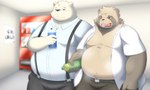 anthro belly big_belly bodily_fluids bottomwear brown_body clothed clothing duo kemono male musk open_clothing open_shirt open_topwear overweight overweight_male pants shirt suspenders sweat tongue tongue_out topwear vending_machine tai_tanuki bear canid canine mammal raccoon_dog tanuki 2023 5:3 hi_res