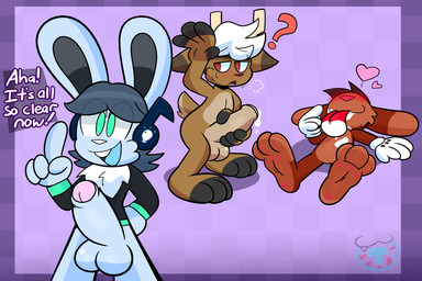3_toes 4_fingers anthro antlers balls big_feet big_penis bodily_fluids cartoon_gloves cum cum_in_mouth cum_inside cum_on_tongue feet fingers genital_fluids genitals group heart_symbol horn male male/male open_mouth pawpads paws penis penis_grab sack soles tail toes tongue tongue_out toony trio mintytempest major_(mintytempest) note_(mintytempest) roderick_(tamerkoh) deer lagomorph leporid mammal rabbit absurd_res hi_res