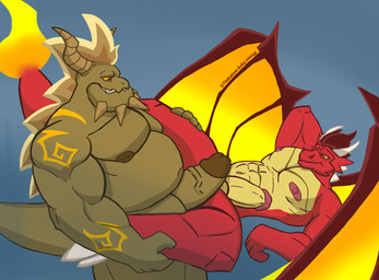 abs anthro barazoku belly circumcised duo eye_contact fire from_front_position genitals horn looking_at_another lying male male/male missionary_position muscular nude on_back overweight pecs penis rock scales sex tail tattoo vein veiny_penis wings the_kaitzer dragon_city mythology dragon flame_dragon_(dragon_city) mythological_creature mythological_scalie scalie terra_dragon_(dragon_city)