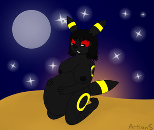 3_toes 5_fingers anthro belly big_belly big_breasts black_body black_hair breasts clenched_teeth ear_markings feet female fingers hair hand_on_belly kneeling looking_down markings moon nipples pregnant pregnant_female red_eyes red_sclera short_hair solo star sunset tail tail_markings teeth toes worried yellow_markings artians nintendo pokemon eeveelution generation_2_pokemon pokemon_(species) umbreon absurd_res colored hi_res