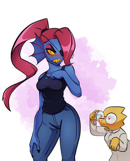 anthro being_watched blue_body breasts clothing duo eyewear female glasses hair heart_eyes heart_symbol long_hair looking_at_another looking_at_viewer ponytail red_hair sharp_teeth simple_background teeth yellow_body xao_art undertale_(series) alphys undyne animal_humanoid fish fish_humanoid humanoid marine marine_humanoid scalie absurd_res hi_res signature