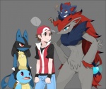 ambiguous_gender anthro black_body black_fur blue_body blue_eyes blue_fur blue_skin brown_eyes featureless_crotch female fur group male purple_eyes red_eyes shell tail yellow_body yellow_fur agemono nintendo pokemon pokemon_trainer red_(pokemon) canid canine generation_1_pokemon generation_4_pokemon generation_5_pokemon human lucario mammal pokemon_(species) squirtle zoroark zorua