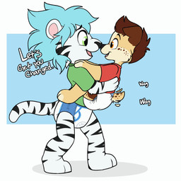 anthro black_stripes blue_hair brown_hair carrying_another carrying_baby clean_diaper clothed clothing diaper duo eye_contact fur green_clothing green_eyes green_shirt green_topwear hair hand_on_shoulder hand_on_torso looking_at_another male neonate nuzzling open_mouth open_smile orange_eyes pantsless red_clothing red_shirt red_topwear shirt side_view small_tail smile spots stripes tail tail_motion tailwag tan_body tan_fur toddler tongue topwear walking wearing_diaper white_body white_fur young young_anthro young_male baltnwolf canid canine canis domestic_dog felid lion mammal pantherine 1:1 hi_res