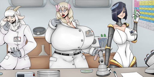 anthro big_breasts black_hair blonde_hair blue_eyes breasts closed_smile clothed clothing coat female front_view green_eyes group hair horn huge_breasts inside lab_coat logo long_hair machine mouth_closed open_mouth shocked smile standing tan_body tan_horn topwear trio white_hair romman08 humanoid robot robot_humanoid 2020 artist_logo dated hi_res
