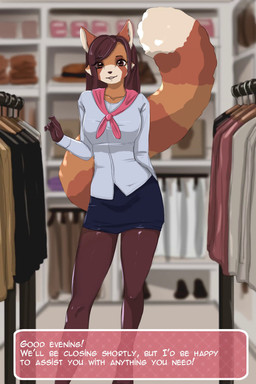 anthro clothed clothing clothing_store dialogue female hair looking_at_viewer mall open_mouth public shirt smile solo store tail text topwear undressing undressing_another yourumi ailurid mammal red_panda 2:3 absurd_res animated digital_media_(artwork) english_text hi_res high_framerate no_sound short_playtime video