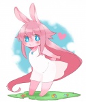 anthro blue_eyes blush clothed clothing dress female fur grass hair happy pink_body pink_fur pink_hair plant smile solo wide_eyed young young_anthro bojiku lagomorph leporid mammal rabbit 2015