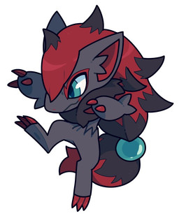 ambiguous_gender anthro black_markings blue_eyes chibi claws fur grey_body grey_fur hair head_markings highlights_(coloring) markings ponytail red_claws red_hair red_inner_ear red_markings simple_background solo toe_claws tuft white_background killu_qon nintendo pokemon canid canine generation_5_pokemon mammal pokemon_(species) zoroark 2019