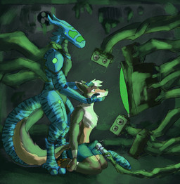anthro clothing duo electronics erection fur genitals holding_head hypnosis hypnotic_screen kneeling kneeling_on_ground limp_arms machine male male/male mind_control multicolored_body multicolored_fur penile penis plant screen sex_toy speaker static tail television tenting underwear vibrator vibrator_on_penis vines wand_vibrator sqwkr android canid canine canis domestic_dog mammal robot scalie synth_(vader-san) absurd_res digital_drawing_(artwork) digital_media_(artwork) hi_res