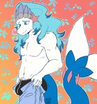 anthro black_clothing black_underwear blue_eyes blue_hair bottomwear bulge clothed clothing clown_nose denim denim_bottomwear denim_clothing fish_tail hair jeans lean_muscle long_hair male navel pants solo topless underwear white_body serpi_lilo nintendo pokemon tight_pants_(meme) neptune_(rhode_arts) asterozoan echinoderm generation_7_pokemon marine pokemon_(species) primarina starfish 2023 digital_drawing_(artwork) digital_media_(artwork) hi_res meme watermark