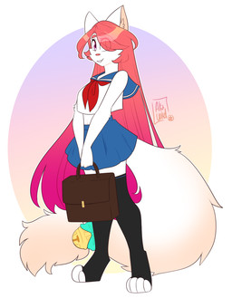 accessory anthro asian_clothing bell bell_accessory bell_bow bottomwear bow_(feature) bow_accessory bow_ribbon briefcase clothing decorated_bow east_asian_clothing female fluffy fluffy_tail fur furgonomics hair inner_ear_fluff japanese_clothing japanese_school_uniform legwear long_hair long_tail looking_at_viewer paws pink_eyes pink_hair pink_nose rattle ribbons school_uniform serafuku skirt smile solo standing stockings tail tail_accessory tail_bell tail_bow tail_ribbon thigh_highs tuft uniform white_body white_fur akaunkel artemis_tsukino domestic_cat felid feline felis mammal digital_media_(artwork) hi_res