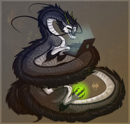 ambiguous_gender black_body black_fur black_scales black_sclera border cheek_tuft computer electronics facial_tuft feral fur fur_ridge green_eyes grey_body grey_scales heterochromia horn laptop logo mouth_closed multicolored_body scales simple_background solo tail text tuft white_body white_scales yellow_eyes kardinaluz asian_mythology east_asian_mythology mythology elwood_shamrock dragon eastern_dragon mythological_creature mythological_scalie scalie artist_logo artist_name full-length_portrait hi_res portrait