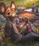 anthro beverage bottomwear can cheek_tuft clothed clothing container detailed_background facial_tuft flower food fully_clothed grass head_tuft holding_beverage holding_object looking_at_viewer male male_anthro on_ground outside pants picnic pizza plant round_ears shirt sitting smile smiling_at_viewer solo t-shirt tall_grass topwear tuft jacato fraudulent_fox african_wild_dog canid canine mammal 2021 digital_media_(artwork) hi_res signature