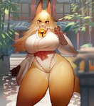 4_fingers anthro asian_clothing big_breasts blep blonde_hair blush breasts brown_body brown_fur claws clothing curvy_figure east_asian_clothing female female_anthro finger_claws fingers fur gloves_(marking) hair high_cut_miko_outfit japanese_clothing kemono leg_markings long_hair looking_at_viewer markings miko_outfit multicolored_body multicolored_fur pawpads paws red_eyes shrine shrine_maiden socks_(marking) solo standing tan_body tan_fur thick_thighs tongue tongue_out voluptuous white_body white_fur wide_hips utterangle canid canine fox mammal 2022 absurd_res character_request digital_media_(artwork) hi_res portrait three-quarter_portrait