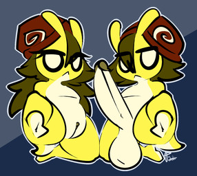 :< anthro bangs big_penis bon-bon_(thefablednekos) brown_hair duo feet female flat_chested foot_focus genitals hair male nude penis presenting shell_hat shell_only vulva white_body white_eyes white_skin yellow_body yellow_skin thefablednekos spiral_stream_derby cocoa-bon gastropod mollusk snail hi_res brother_(lore) sibling_(lore) sister_(lore) twins_(lore)