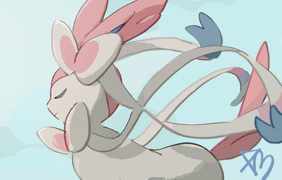 ambiguous_gender bow_(anatomy) eyes_closed feral fur pink_body pink_fur ribbons_(anatomy) side_view simple_background smile solo tail white_body cc8nw42u15apug0 nintendo pokemon eeveelution generation_6_pokemon mammal pokemon_(species) sylveon 2026 signature