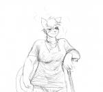 2019 anthro bodily_fluids breasts cat_knight clothed clothing digital_media_(artwork) felid feline female hi_res hladilnik mammal monochrome muscular muscular_anthro muscular_female scar simple_background sketch solo sweat