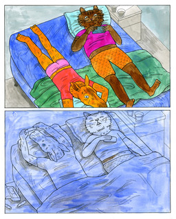 ambiguous_gender anthro blue_eyes boxers_(clothing) brown_body brown_fur cellphone clay clothing creating_art duo electronics feet fur green_eyes holding_cellphone holding_object holding_phone holding_smartphone humanoid_feet humanoid_hands lying male on_back on_front orange_boxers orange_clothing orange_underwear panties phone pink_clothing pink_panties pink_underwear plantigrade purple_clothing purple_shirt purple_topwear red_clothing red_shirt red_topwear sculpting shirt sleeping smartphone smile snout topwear underwear lisa_hanawalt domestic_cat felid feline felis mammal mouse murid murine rodent comic hi_res traditional_media_(artwork) female_(lore)