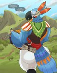 absurd_res alternate_version_at_paywall anthro avian bandoneon beak big_butt blue_body blue_feathers bottomless bottomless_anthro breath_of_the_wild butt clothed clothing dialogue english_text feather_hands feathered_wings feathers greeting hi_res huge_butt kass_(tloz) looking_at_viewer looking_back looking_back_at_viewer male multicolored_body multicolored_feathers nintendo orange_body orange_feathers pique_raj rear_view rito smile solo speech_bubble tail tail_feathers text the_legend_of_zelda topwear vest white_body white_feathers wings