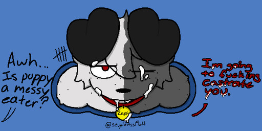 anthro black_ears bodily_fluids cum cum_drip cum_on_face dialogue dripping freckled_face freckled_shoulders freckles fur genital_fluids grey_body grey_fur male male/male mocking questionable_consent red_eyes solo tally_marks teasing text tuft upset white_body white_fur stupidassmutt zepheras canid canine canis domestic_dog mammal half-length_portrait portrait