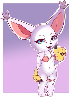 anthro areola big_ears bikini biped black_nose blue_eyes breasts claws clothing ear_tuft female front_view fur genitals gloves handwear humanoid_genitalia humanoid_vulva mostly_nude navel nipples open_mouth presenting simple_background small_breasts solo standing swimwear teeth tongue tuft two-piece_swimsuit vulva white_body white_fur fieryfur bandai_namco digimon digimon_(species) gatomon 2026 hi_res