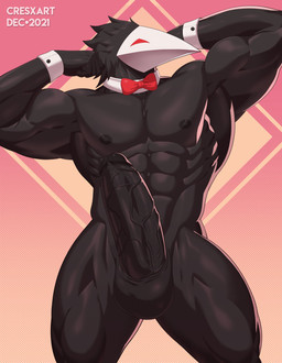 abs anthro balls biceps big_penis black_body black_nipples black_penis bow_tie cuff_links flexing genitals humanoid_genitalia humanoid_penis male muscular muscular_anthro muscular_male nipples pecs penis red_eyes solo thick_thighs vein veiny_penis cresxart deltarune undertale_(series) avian darkner swatchling absurd_res hi_res
