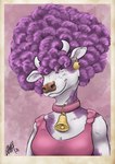 afro anthro bell clothed clothing collar dress ear_piercing ear_ring female hair hair_over_eyes horn piercing purple_hair ring_piercing simple_background smile solo conditional_dnp nanashi-arts bovid bovine cattle mammal 2024 digital_media_(artwork)