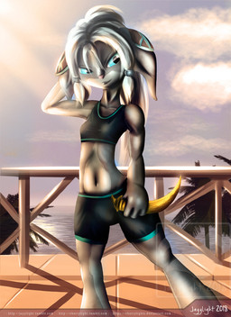 black_clothing blue_eyes bottomwear clothing dagger female hair long_ears melee_weapon palm_tree plant shorts solo tree weapon white_hair jayylight guild_wars ferinnja asura humanoid 2018 full-length_portrait portrait watermark