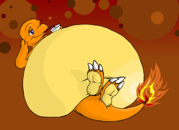 3_toes belly big_belly biped bipedal_feral blue_eyes claws container cup drinking drinking_straw feet feral huge_belly hyper hyper_belly lying on_back orange_background orange_body overweight simple_background smile solo toe_claws toes saphiros nintendo pokemon charmander generation_1_pokemon pokemon_(species) 2008