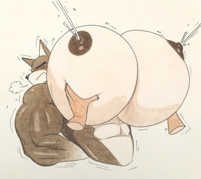 anthro big_moobs big_muscles big_pecs black_nipples blush bodily_fluids countershade_torso countershading dark_body dark_fur disembodied_hand fur huge_moobs huge_muscles huge_pecs hyper hyper_moobs hyper_muscles hyper_pecs lactating male male_lactation moob_squeeze moobs muscular nipples pec_squeeze pecs projectile_lactation solo white_chest cnb2804 canid canine mammal 2025 hi_res