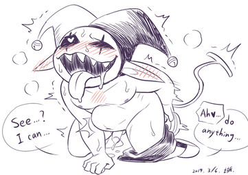 abdominal_bulge anal anal_masturbation anal_penetration anthro balls big_mouth_(anatomy) blush bodily_fluids clothing cum dialogue dildo dildo_in_ass dildo_insertion fool's_hat genital_fluids genitals hat headgear headwear heart_eyes heart_symbol jester looking_pleasured male male_penetrated masturbation nipples not_furry object_in_ass open_mouth open_smile penetration penis saliva sex_toy sex_toy_in_ass sex_toy_insertion simple_background smile solo sweat teeth text tongue tongue_out sicklizardman deltarune undertale_(series) jevil_(deltarune) darkner imp mammal 2019 english_text