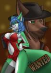 anthro aventis aventis_vixxx big_breasts blue_hair breasts brown_body brown_fur brown_hair canid canine canis choker clothing collar cover cover_art cover_page cowboy domestic_dog eyeshadow female fox fur gloves green_body green_eyes green_fur hair handwear hat headgear headwear hi_res jewelry legwear makeup male male/female mammal navel necklace smile stockings western