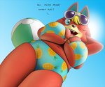 anthro ball beach_ball big_breasts bikini biped blue_eyes breasts bulging_breasts clothing exclamation_point eyelashes eyewear fangs female female_anthro fur honorific inflatable light looking_at_viewer looking_down low-angle_view navel one_eye_closed open_mouth open_smile orange_body orange_fur outside pattern_clothing question_mark sky smile solo standing sunglasses sunlight swimwear talking_to_viewer teeth text tongue two-piece_swimsuit wink worm's-eye_view creatiffy animal_crossing nintendo audie_(animal_crossing) canid canine canis mammal wolf digital_media_(artwork) english_text hi_res