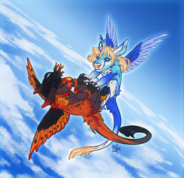 anthro black_body black_feathers black_hair black_nose black_wings blonde_hair blue_body blue_eyes blue_feathers blue_fur blue_wings chibi cloud duo ears_back eye_contact eyelashes feathered_wings feathers featureless_crotch female fur glistening glistening_eyes grey_sclera hair logo looking_at_another mouth_closed orange_body orange_feathers orange_fur orange_wings outside pink_nose pivoted_ears red_eyes tail tail_tuft tuft white_body white_fur wings riorix species_request 2018 artist_logo dated hi_res
