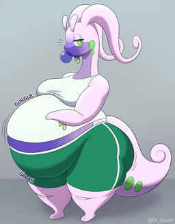 anthro belly belly_expansion big_belly blowing_bubble_gum blueberry_inflation bottomwear breasts bubble_gum changing_color clothing expansion female green_bottomwear green_clothing green_eyes green_shorts grey_background groan groaning_belly gurgle_(sound_effect) huge_belly imminent_inflation inflation motion_lines multicolored_body onomatopoeia pink_body purple_body rumbling_stomach shirt shorts simple_background slightly_chubby slightly_chubby_female sound_effects swelling text thick_thighs topwear turning_blue two_tone_body white_clothing white_shirt white_topwear dr.dewott nintendo pokemon generation_6_pokemon goodra pokemon_(species) 2026 artist_name colored digital_media_(artwork) hi_res shaded
