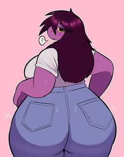 anthro big_breasts big_butt blue_bottomwear blue_clothing blue_jeans blue_pants bottomwear breasts butt butt_focus clothed clothed_anthro clothed_female clothing denim denim_bottomwear denim_clothing eyelashes female female_anthro hair huge_butt jeans long_hair looking_at_viewer looking_back looking_back_at_viewer mouth_closed pants pink_background pockets pose purple_body question_mark rear_view shirt simple_background solo topwear white_clothing white_shirt white_topwear yellow_sclera samirachuni deltarune undertale_(series) susie_(deltarune) monster scalie 2025 absurd_res digital_drawing_(artwork) digital_media_(artwork) hi_res pinup portrait three-quarter_portrait