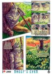 2020 anthro bovid canid canine canis caprine clothed clothing comic detailed_background domestic_sheep english_text feral fur group hi_res lirkov looking_at_viewer lying male mammal noise plant sheep shepherd shepherd's_crook shrub sleeping solo_focus text traditional_media_(artwork) tree wolf