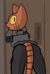 against_surface against_wall anthro armor bent_over breasts butt clothed clothing door female leaning_on_wall looking_at_viewer looking_back rear_view solo unknown_artist bethesda_game_studios microsoft skyrim the_elder_scrolls orange_ringtail_thief felid khajiit mammal