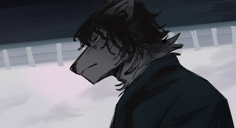 anthro anthrofied black_clothing black_hair black_shirt black_topwear clothed clothing cloud cloudy_sky frown fur grey_body grey_fur hair male shirt sky solo topwear hemuchang jujutsu_kaisen toji_fushiguro canid canine canis human mammal wolf digital_media_(artwork) hi_res