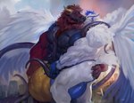 abs anthro balls_outline big_bulge big_muscles biped bodily_fluids bulge butt city clothed clothing destruction detailed_bulge duo feathers fur genital_outline hair hug huge_bulge huge_muscles hugging_another hugging_from_behind hyper hyper_bulge kissing macro male male/male male_anthro muscular muscular_anthro muscular_male pecs speedo standing swimwear tentacles underwear wings goroguro abaddonstrife sova avian bird canid canine canis demon hybrid mammal owl wolf absurd_res digital_media_(artwork) hi_res painting_(artwork)