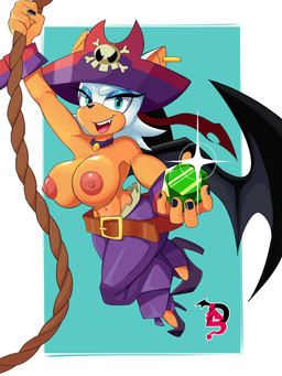 anthro areola bat_wings belt big_breasts black_nails black_nose black_wings blue_background blue_eyeshadow bottomwear breasts choker clothed clothing colored_nails cosplay crossover_cosplay cuffs_(clothing) ear_piercing eyeshadow female footwear front_view fur gem green_eyes hat headgear headwear high_heels holding_gem holding_object jewelry looking_at_viewer makeup membrane_(anatomy) membranous_wings nails navel necklace nipples open_mouth open_smile pants piercing pink_areola pink_nipples pirate_hat purple_bottomwear purple_clothing purple_footwear purple_hat purple_headwear purple_high_heels purple_pants rope shoes simple_background smile solo swinging_on_rope tan_body tan_fur thick_thighs topless white_background white_body white_fur wide_hips wings 69lewddragon69 sega shantae_(series) sonic_the_hedgehog_(series) wayforward risky_boots rouge_the_bat bat mammal 3:4 absurd_res crossover hi_res