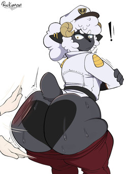 anthro assisted_exposure big_butt bodily_fluids bottomwear bottomwear_down bovid_horn butt butt_focus butt_slap caprine_horn clothed clothing crossed_arms disembodied_hand ear_piercing flustered horn huge_butt looking_back male pants pants_down partially_clothed piercing ram_horn shocked slap solo spank_marks sweat sweaty_butt wobbling wobbling_butt wool_hair tawman_art sauce_(sheep) bovid caprine mammal sheep 3:4 hi_res