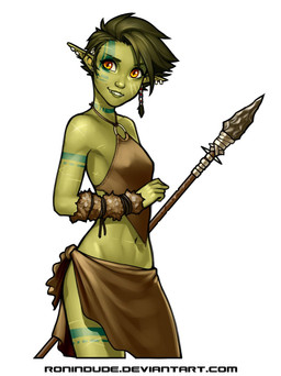 athletic breasts brown_hair female green_body green_skin hair humanoid_pointy_ears markings melee_weapon navel nipple_outline not_furry piercing pointy_ears polearm simple_background small_breasts smile solo spear text tribal weapon white_background ronindude humanoid orc 2016 hi_res url