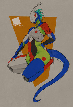 abstract_background anthro blue_body bulge cybernetics featureless_chest green_body kneeling machine male male_anthro multicolored_body orange_background red_body simple_background solo synthetic thick_thighs wide_hips flowerdino cyborg dinosaur prehistoric_species reptile robot robot_anthro scalie hi_res nonbinary_(lore)