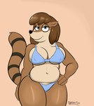 anthro bra breasts brown_body clothed clothing female looking_at_viewer mature_anthro mature_female simple_background slightly_chubby solo thick_thighs underwear daison_the_fox cartoon_network regular_show barbera_(regular_show) mammal procyonid raccoon hi_res