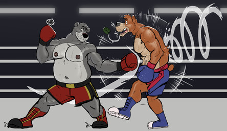 aged_up anthro belly belly_punching bodily_fluids boxing boxing_gloves boxing_shorts clothed clothing duo fighting_ring footwear handwear head_tuft male moobs mouthguard musclegut muscular muscular_arms navel nipples open_mouth shocked shoes smile smirk sport standing sweat tail teeth_showing topless topless_male tuft hunter-husky disney talespin the_jungle_book baloo kit_cloudkicker bear mammal hi_res