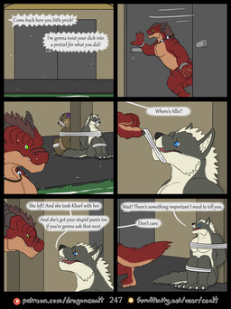 anthro asking_to_wait back_to_back black_horn black_stripes blue_eyes bound bound_together brown_body brown_fur brown_hair column dialogue door eye_contact eye_scar facial_scar fur furaffinity_logo green_scar grey_body grey_fur group hair hand_behind_back horn jewelry legs_tied looking_at_another male muzzle_(object) muzzled necklace nude offscreen_character overbite page_number patreon_logo pecs pointy_speech_bubble purple_hair red_body red_fur restraints rope running_away scar serious sitting sitting_on_ground six_frame_image snow speech_bubble stripes tail teeth_showing text threatening trio wraps wrist_wraps rimentus furaffinity mythology patreon coalt fritzy_(rimentus) holstar_(rimentus) bear canid canine canis dragon furred_dragon furred_scalie mammal mythological_creature mythological_scalie scalie wingless_dragon wolf comic english_text hi_res url