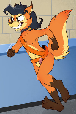 anthro balls biped black_hair black_markings black_nose choker countershade_face countershade_tail countershade_torso countershading dipstick_ears ear_markings fluffy fluffy_tail genitals gloves_(marking) grin hair jewelry leg_markings long_hair male markings mostly_nude multicolored_body multicolored_ears navel necklace orange_body penis plantigrade running smile socks_(marking) solo tail tan_body tan_countershading two_tone_body young young_anthro young_male fuf carlos_mencia_fox canid canine fox mammal 2019 2:3 hi_res